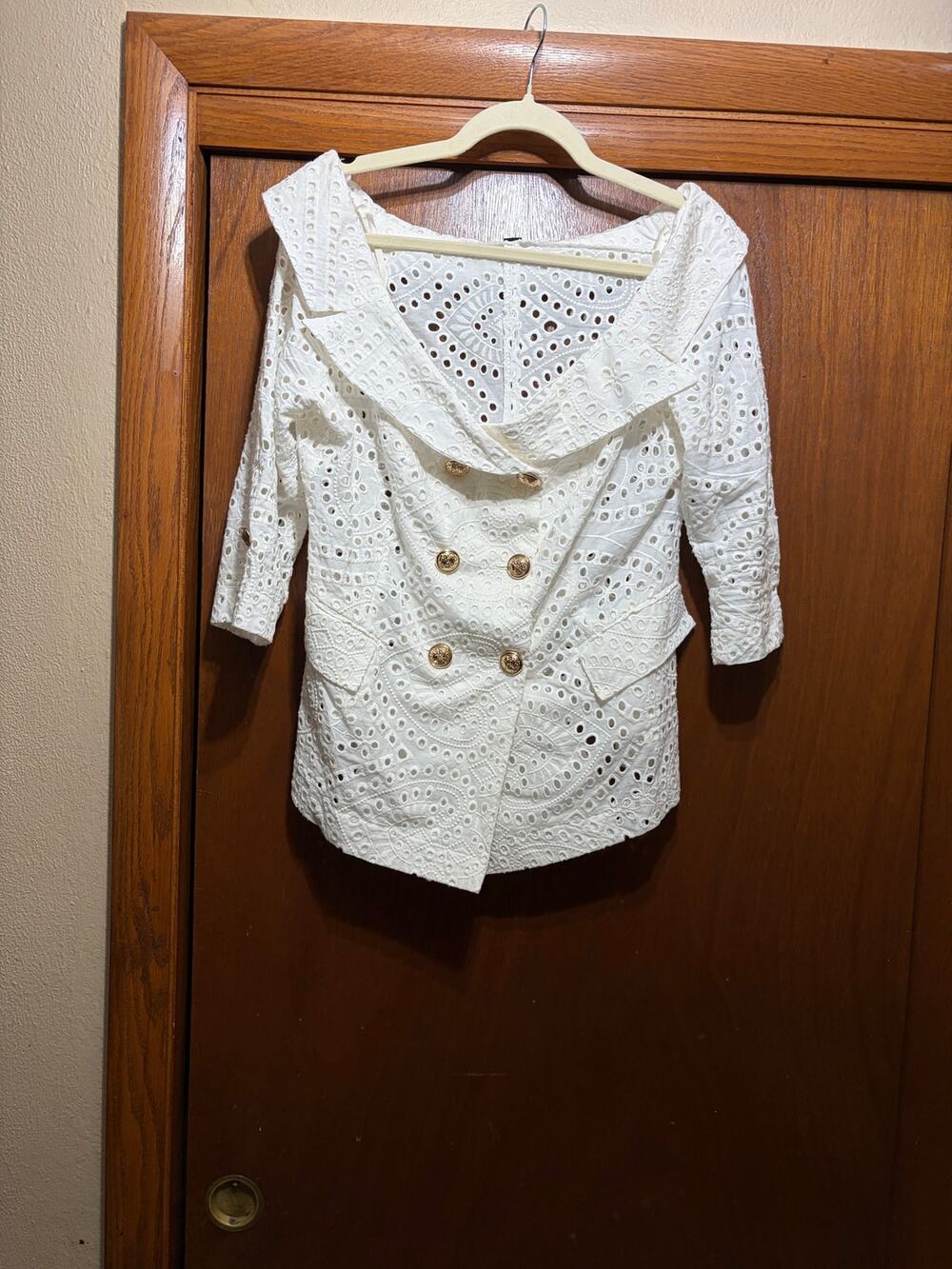 Boston Proper White Eyelet Lace Jacket Blazer Gold Buttons Double Breasted 14